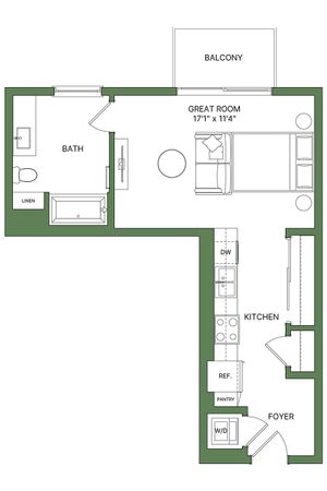Modern floor plan with spacious great room, stylish kitchen, luxurious bath, and inviting balcony.