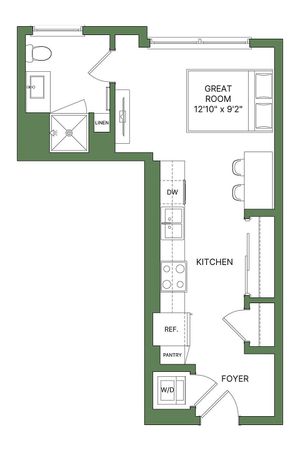 Modern L-shaped floor plan featuring a spacious great room, sleek kitchen with adjacent dining, and convenient bathroom layout.