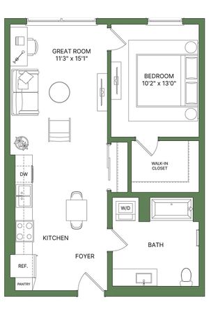 Modern apartment floor plan showcasing a spacious great room, sleek kitchen, inviting bedroom, and bath, complete with walk-in closet and washer/dryer area.