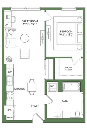 Chic floor plan showcasing a 1-bedroom layout with a spacious great room, modern kitchen, and large walk-in closet.