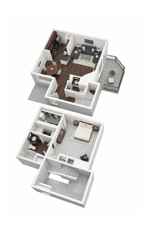 Modern multi-level floor plan showcasing an open-concept living area with a connected kitchen and dining space, private bedroom on the lower level, and a spacious balcony perfect for relaxation.
