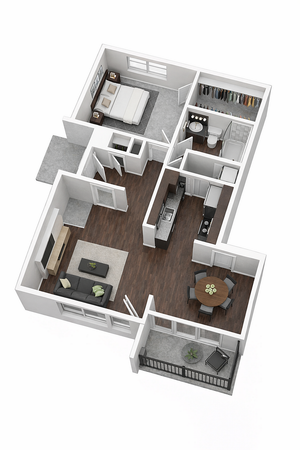 Modern 3D floor plan showcasing one bedroom, open living area, sleek kitchen, and private balcony.