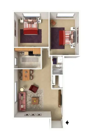 3D 2 Bedroom Floor Plan w/Furniture