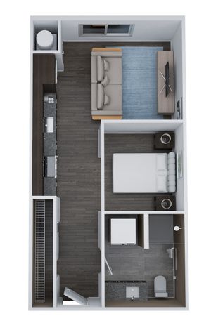 Modern floor plan of Unit AM2 featuring a stylish studio layout with one bathroom, efficient kitchen area, and cozy living space in 496 sq. ft.