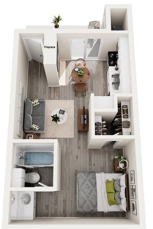 Aspen | Efficiency | 400 sqft | Walk-in Closet | Private Sleeping Area | Outside Storage | Full Size Kitchen Appliances | Pantry |Patio/Balcony.