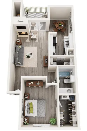 Elm | One Bedroom | One Bathroom | 660 sqft | Full Size Washer/Dryer Connections | Walk-in Closet | Pantry in Kitchen | Patio/Balcony | Outside Storage | Microwave in Select Homes | Fireplace in Select Homes | Vaulted Ceilings in Select Homes | and Creek Views in Select Homes.