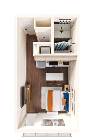 3D floorplan of a studio unit at Solaris at Tucson