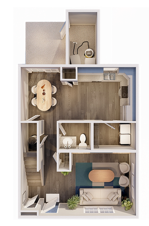 Floor plan featuring an open kitchen, dining area, bathroom, and inviting living space with furnishings.