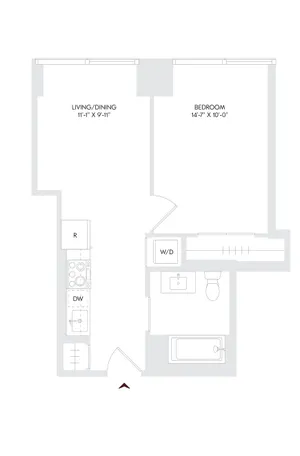 Avira Residence 7 modern floor plan featuring 1 bedroom, open-concept living and dining area, kitchen with appliances, and convenient bath. Located on floors 10-23 in Philadelphia.