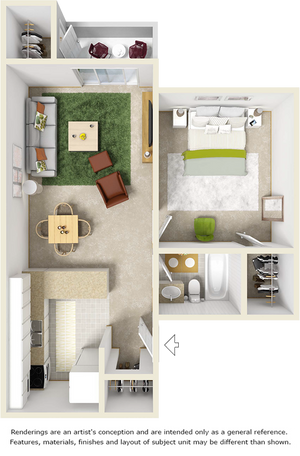 St. John floor plan with 1 bedroom, 1 bathroom and premium wood style flooring