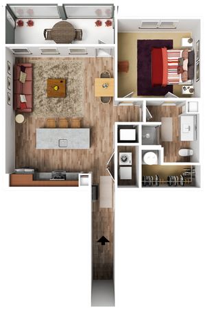 Charming floor plan with one bedroom, open-concept kitchen, cozy living room, modern bathroom, and a balcony.