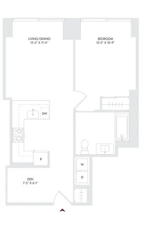 Avira Residence 2 floor plan on Floor 10 featuring 1 bedroom, a den, and 1 bath with a spacious living/dining area.