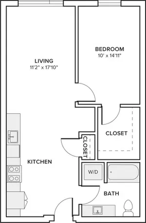 680-744 square foot one bed one bath floor plan in Seattle, WA
