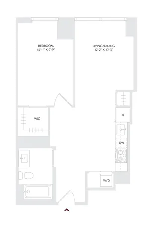 Avira Residence 1 floor plan showcasing a modern 1 bedroom, 1 bath layout with open living/dining area, efficient kitchen space, and walk-in closet. Perfect urban living.