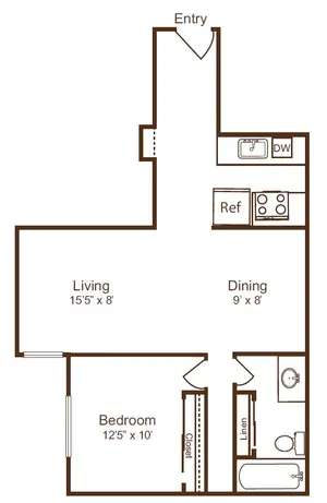 Chic 1-bedroom floor plan featuring a bright living area, cozy dining space, modern kitchen, and well-appointed bathroom.