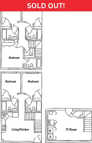 Charming floor plan featuring three cozy bedrooms, dual bathrooms, and a spacious living and kitchen area with an additional TV room, ideal for family living.