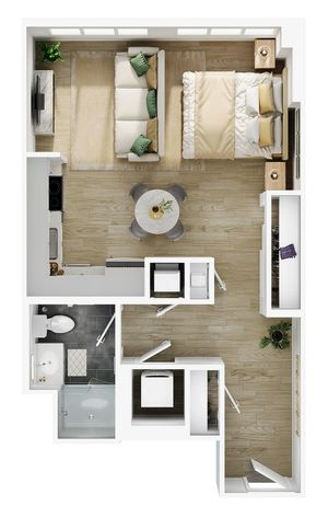 3D floor plan of a studio apartment featuring a living area, bedroom, compact kitchen, and modern bathroom.