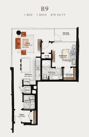 B9 | 1 Bed 1.5 Bath 878 square feet
