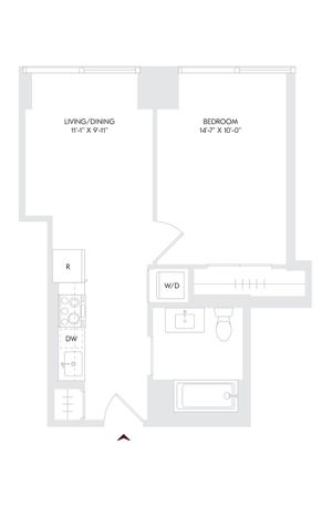 Avira Residence 7 floor plan showcases a modern 1-bedroom, 1-bath layout with open living and dining space, featuring compact kitchen and convenient washer/dryer area.