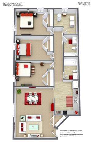 Bright and modern floor plan featuring 3 spacious bedrooms, 2 elegant bathrooms, and a stylish open-plan kitchen. The layout includes a cozy living area and a dining space perfect for entertaining, within 937 to 1150 sq ft at Scotts Run, 103 Building.