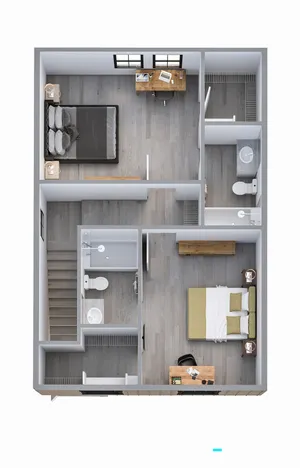 Modern floor plan showcasing two elegant bedrooms, two stylish bathrooms, and two versatile workspaces, perfect for remote work.