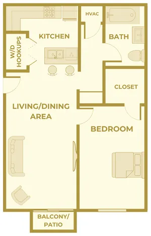 Floor plan of a renovated 1-bedroom, 1-bathroom apartment at Huntley Ridge Apartments in Springfield, MO. Features include a combined living and dining area, private bedroom with closet, full bathroom, kitchen with breakfast bar, washer and dryer hookups, HVAC closet, and a private balcony or patio. Open layout offers modern conveniences in a compact design.