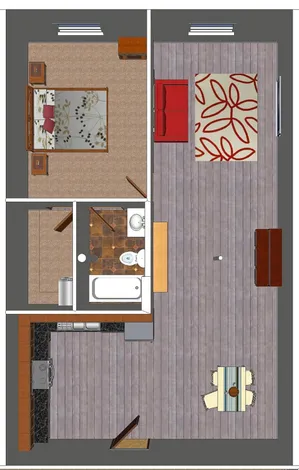 Charming floor plan with 1 bedroom, stylish living area, modern kitchen, and elegant bathroom.