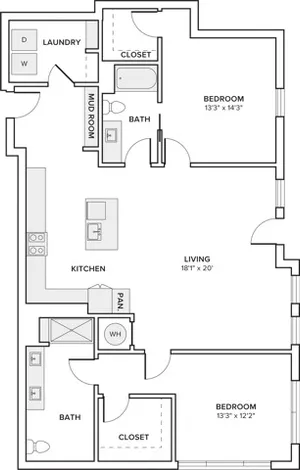1440 square foot two bedroom two bath apartment floorplan image