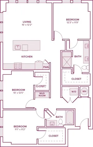 1392 square foot three bedroom two bath apartment floor plan in Houston, TX