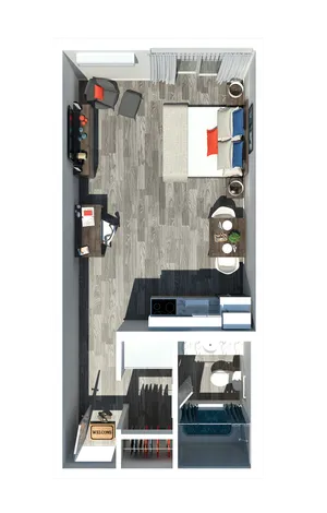 Contemporary studio floor plan with elegant wood flooring, cozy living and sleeping area, modern kitchen, and stylish bathroom.