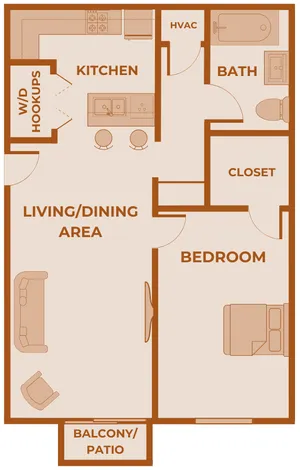 Upgraded 1 bedroom, 1 bathroom apartment floor plan at Huntley Ridge in Springfield, MO, offering a modern open-concept layout with a spacious living/dining area, private balcony or patio, and a contemporary kitchen with bar seating. Includes washer/dryer hookups, a large bedroom with closet space, and a full bath, perfect for stylish and convenient living near Springfield attractions.