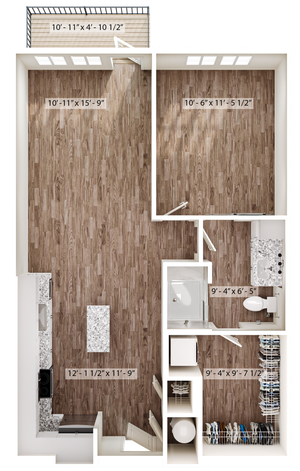 Elegant 2D floor plan showcasing an open-concept living and kitchen area, a spacious bedroom, modern bathroom, and a private balcony.