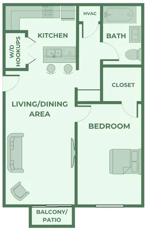 1 bedroom, 1 bathroom apartment floor plan at Huntley Ridge in Springfield, MO, featuring an open-concept living and dining area, private balcony/patio, kitchen with bar seating, washer/dryer hookups, and a spacious bedroom with walk-in closet and direct access to the bathroom. Ideal for comfortable and convenient living near local Springfield amenities.