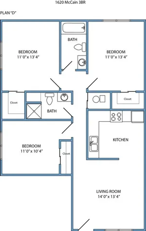 Plan D - 3-bed, 2-bath
