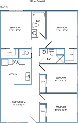Plan A - 4-bed, 2-bath