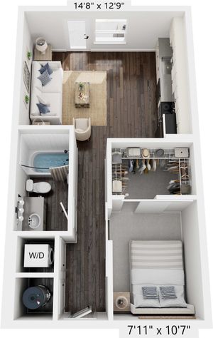 Charming apartment floor plan featuring a cozy living room, sleek kitchen, modern bathroom, spacious bedroom, and walk-in closet with washer and dryer.