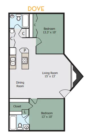 Charming Dove floor plan showcasing two bedrooms, a spacious living room, and a modern kitchen with a dining area.