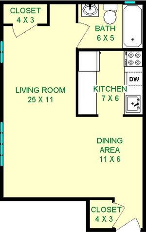 Polidori Studio Floorplan shows roughly 445 square feet, with a living room, dining area, kitchen, and closets.