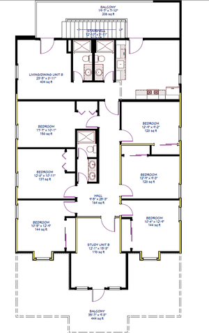 Elegant floor plan showcasing a spacious layout with six bedrooms, a living/dining area, and a study unit. Features dual balconies and a central hall for optimal comfort and style.