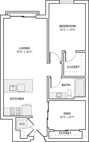 830 square foot one bed one bath with den floor plan in Seattle, WA