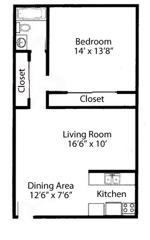 Modern floor plan showcasing a spacious 1-bedroom with two closets, large living room, and an open dining and kitchen area.