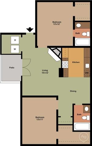 Charming apartment floor plan featuring 2 spacious bedrooms, an inviting living area, and a cozy dining space, complete with a modern kitchen and private patio.