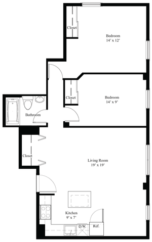 Contemporary floor plan showcasing a spacious 2-bedroom layout with ample closets, modern kitchen, and expansive living room.