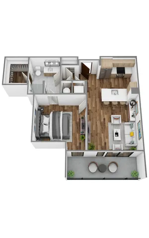 3D floor plan showcasing a modern apartment with one bedroom, an open living room and kitchen, and a spacious balcony.
