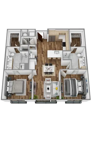3D floor plan featuring two bedrooms, open living area, modern kitchen, and two bathrooms with hardwood flooring.
