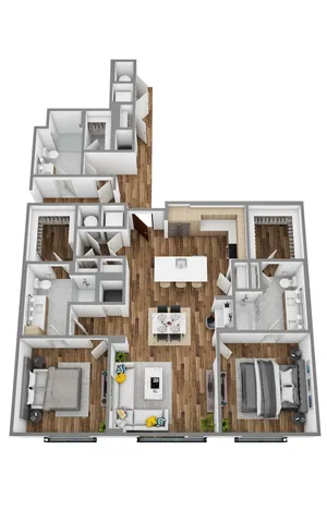 3D floor plan of an elegant apartment with two bedrooms, open living area, and modern kitchen.