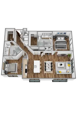 3D floor plan displaying 2 bedrooms, modern kitchen, and open living and dining area.