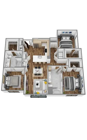 3D floor plan of a chic urban apartment featuring 3 bedrooms, an open kitchen, and a cozy living area.