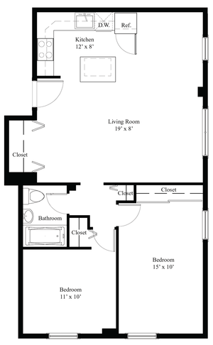 Chic 2D floor plan featuring a spacious living room, modern kitchen, two bedrooms, and ample closet space.