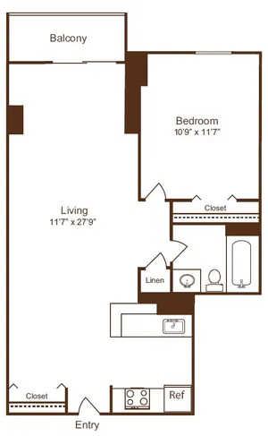 Modern one-bedroom floor plan featuring a spacious living area with balcony access, well-equipped kitchen, and ample storage. Ideal for comfortable living.